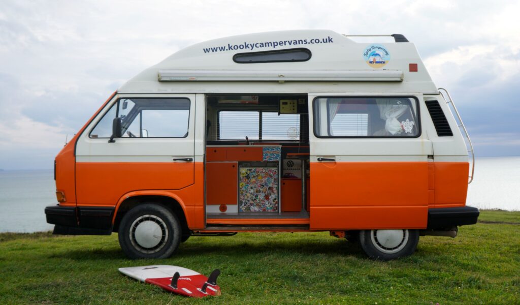 Trudi the campervan parked showing kitchen interior